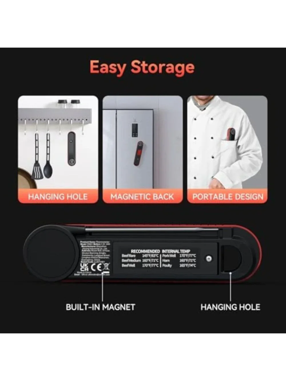 Instant Read Meat Thermometer, Waterproof, Quick 0.3s Read, Kitchen Tool